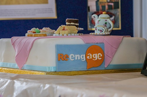 A celebratory Re-engage cake for guests at a tea party in Royal Wootton Bassett
